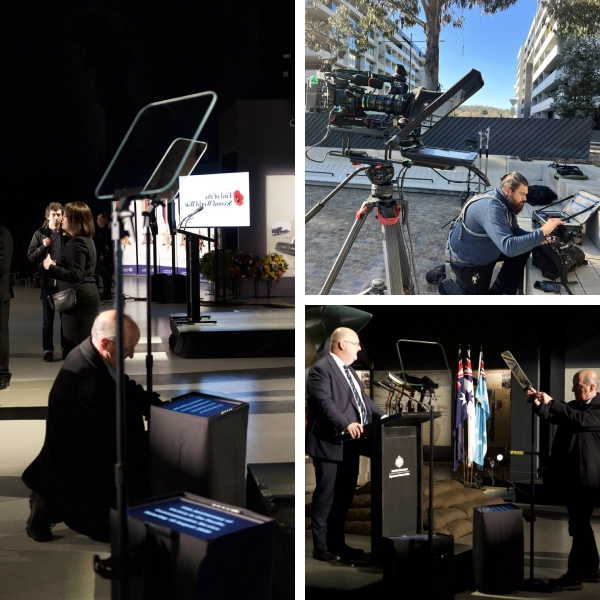 A series of four photos showing people in different stages of filming.