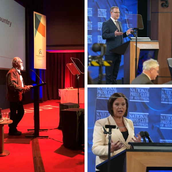 A collage of people in different stages of speaking.