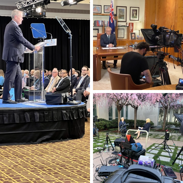 A collage of photos with people in the background.