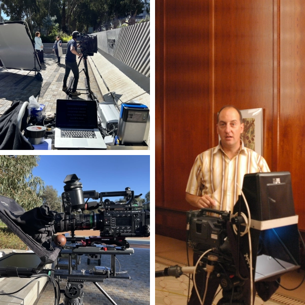 A collage of different pictures with some people and equipment.