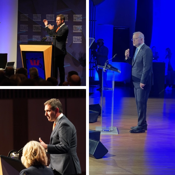 A collage of people in suits and standing on stage.